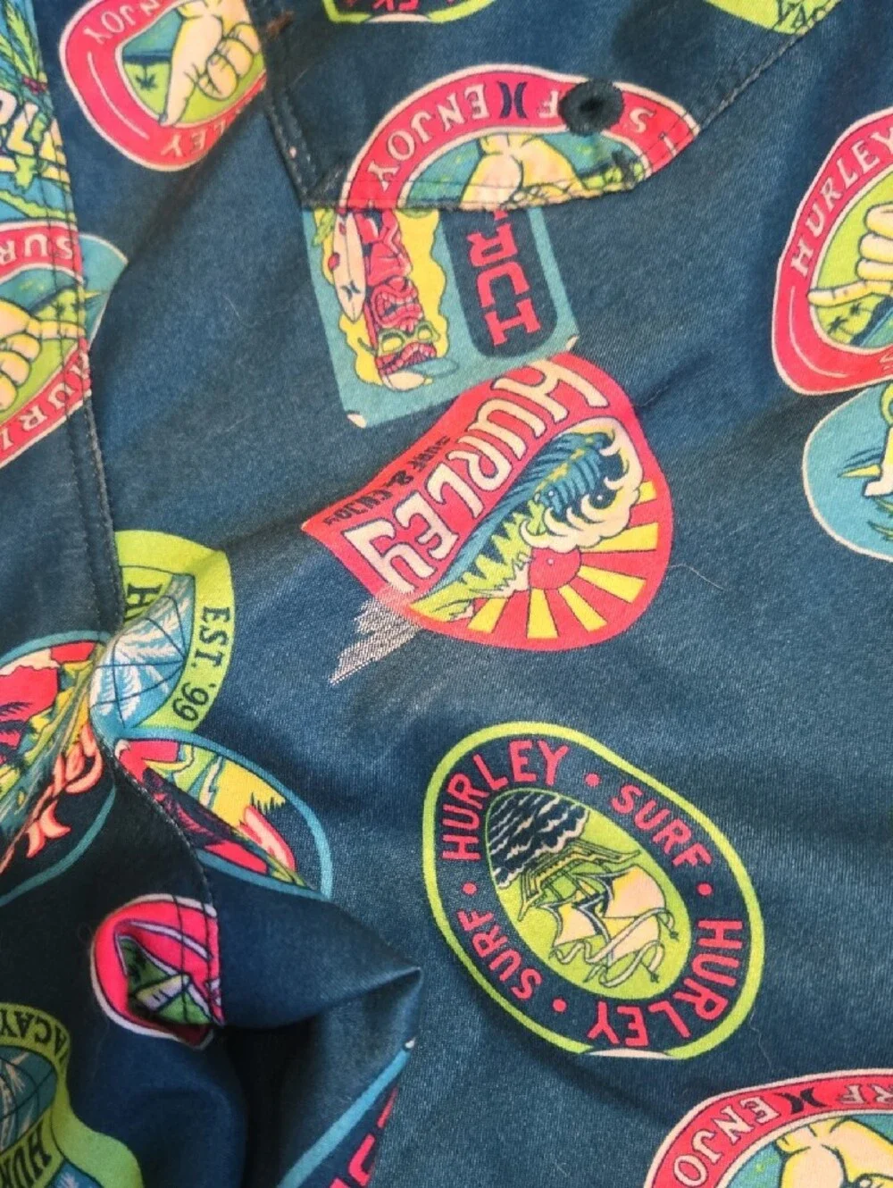 Hurley Teal Swim Trunks with Multicolor Badge Print